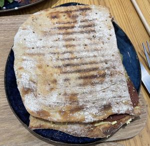 Croque suédois (pain  maison, mages crémeux, tranche milanaise & champignon)  at La Dame au Cerf in Nice