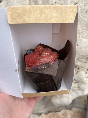 Fluffin: muffin with a raspberry creme & lemon base  at La Dame au Cerf in Nice