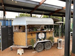 Coffee in the garden, converted horse float.  at Garden Eats in Dwellingup