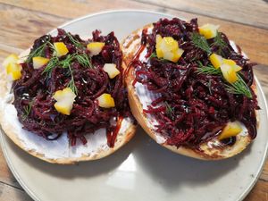 Bloody Beetroot bagel (vegan option) at Garden Eats in Dwellingup