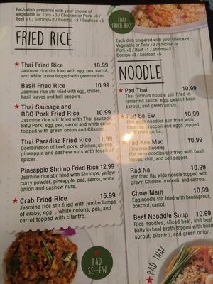 Menu at Thai Paradise in Las Vegas
