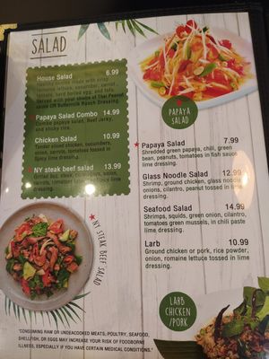Menu at Thai Paradise in Las Vegas