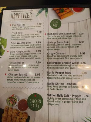 Menu at Thai Paradise in Las Vegas