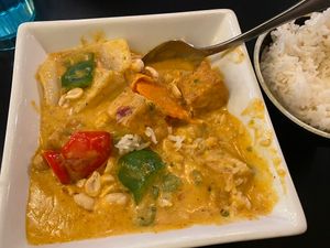Mussamman curry with tofu (made vegan, i.e. no fish sauce). Comes with rice   at Thai Paradise in Las Vegas