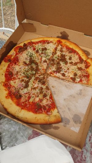 Hawaiian pizza at Bakaris Plant-Based Pizza in Atlanta