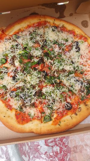 Ultra vegan deluxe pizza at Bakaris Plant-Based Pizza in Atlanta