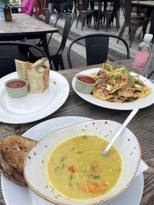 Curry soup, breakfast wrap, nachos  at El Avocado in La Jolla