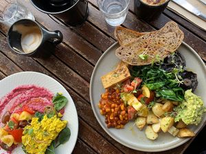 Full vegan breakfast + tofu scramble ft creamy soy cappuccino  at Onehunga Cafe in Auckland