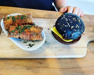 The Sweet & Smoky burger with sweet potato samosas   at Seitan's Corner in Bristol