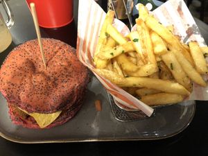 El Diablo Burger and Garlic Fries at Seitan's Corner in Bristol