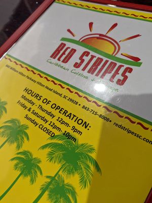 Menu at Red Stripes Caribbean Cuisine & Lounge in Hilton Head Island