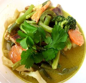 Green curry, mixed veggies, tofu come with yellow rice at Gado Gado  in Westport