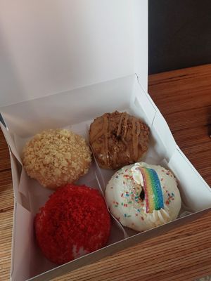Apple Crumble, Red Velvet and two others at Sammy's Berliner Donuts in Berlin