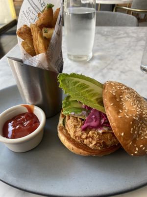 Chicken sandwich with fries, yum!  at Willow Vegan Bistro in New York City