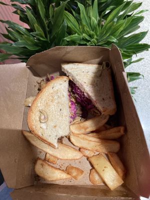 My Cherrywood Pastrami Sandwich + Fries. at Willow Vegan Bistro in New York City