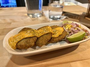 Jackfruit crab cakes with corn relish and chipotle sauce at Willow Vegan Bistro in New York City