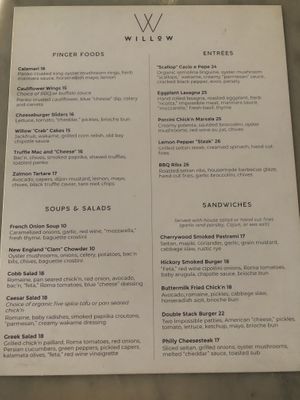 Menu! Great vegan seafood options, the calamari was amazing.  at Willow Vegan Bistro in New York City