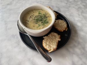 Clam chowder using oyster mushrooms and lots of ingredients too   at Willow Vegan Bistro in New York City