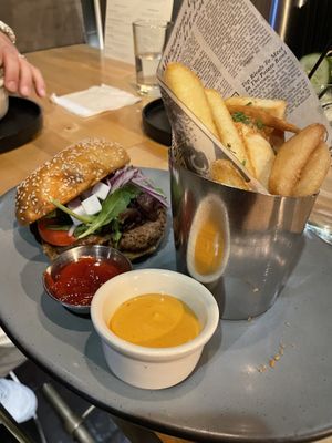 hickory smoked burger and garlic parsley fries  at Willow Vegan Bistro in New York City
