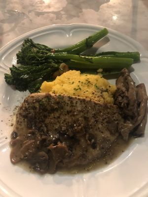 Chicken Marsala with oyster mushroom, polenta, and broccoli rabe   at Willow Vegan Bistro in New York City