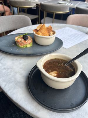 French onion soup and tartare. Only two things on the menu (besides salads) that are gluten free. Wish they had more gluten consciousness bc it looks amazing!!  at Willow Vegan Bistro in New York City