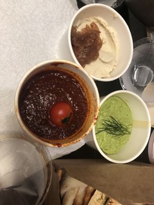 Dip trio - house made flatbread , caramelized onion whipped “ricotta “, green fava bean dip, spicy tomato jam   at Willow Vegan Bistro in New York City