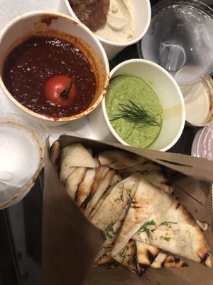 Dip trio - house made flatbread , caramelized onion whipped “ricotta “, green fava bean dip, spicy tomato jam   at Willow Vegan Bistro in New York City