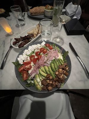 Cobb salad with barbecued seitan on a stick   at Willow Vegan Bistro in New York City