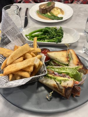 Steak; BLT & fries with a side of broccolini   at Willow Vegan Bistro in New York City