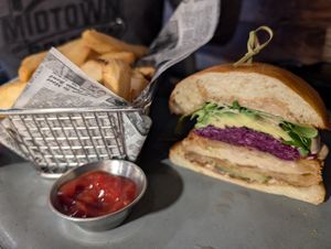 Fried "Chicken" sandwich with fries at Willow Vegan Bistro in New York City