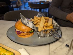 Fried "Chicken" sandwich with fries at Willow Vegan Bistro in New York City