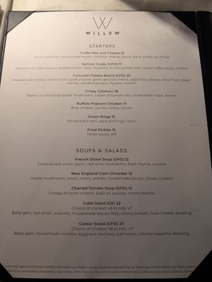 Menu at Willow Vegan Bistro in New York City