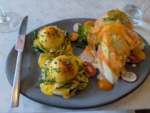 eggs Florentine at Willow Vegan Bistro in New York City
