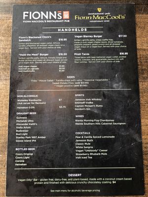 Menu July 23, 2021 at Fionn's in Winnipeg