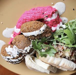 Falafel and beetroot hummus at Café Com Calma in Lisbon
