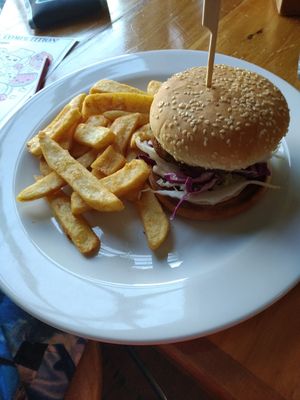 Vegan burger and fries at The Junction Hotel in Thames