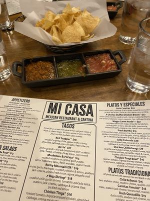 Complimentary chips with three types of salsas  at Mi Casa in Breckenridge