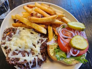 Vegan burger, vegan cheese added on, and fries at Zim's Cafe in Lexington