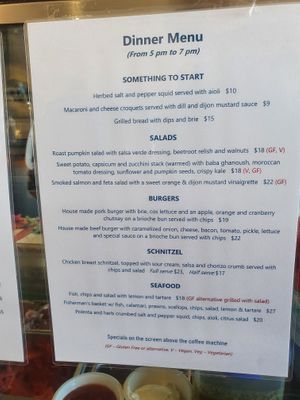 Dinner menu, vegan options marked V at Bridgewater Bay Cafe in Cape Bridgewater