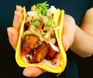 crispy squash taco (df) (v) (gf-rice flour) (ve option) at Taco Rio in Harrison Hot Springs