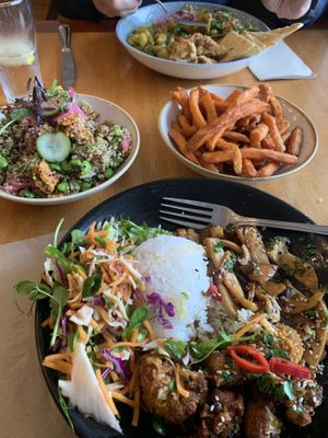 Quinoa salad, sweet potato fries, mushrooms dish and vegan dips. All excellent and fresh.  at The Grand Terminus Hotel in Bairnsdale