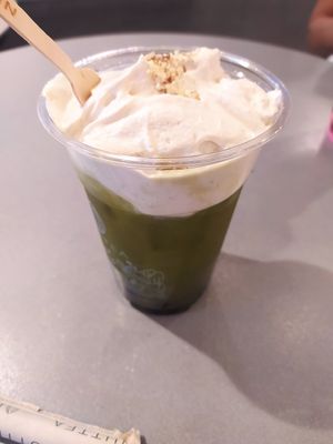 Matcha milk tea with cream at NUTTEA - La Trobe St in Melbourne