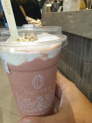 Strawberry smoothie w/nut cream at NUTTEA - La Trobe St in Melbourne