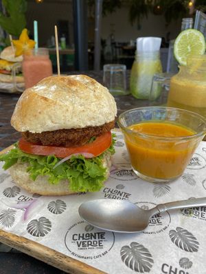 Falafel burger and soup  at El Chante Verde in La Fortuna