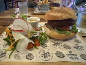 Mulitprotein burger with saladd  at El Chante Verde in La Fortuna