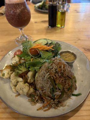 Vegan Chaufa with a side of vegetables and salad (passion fruit dressing)  at El Chante Verde in La Fortuna