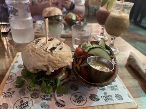 Multi protein burger with salad   at El Chante Verde in La Fortuna