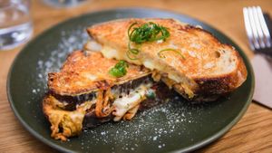 Kimcheez toastie (can ask for vegan cheese also can be made using GF bread)  at Brighter Coffee in Stanmore