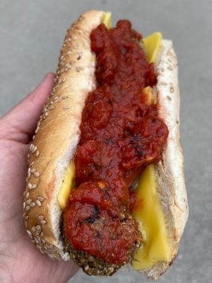 Neatball Sub— house Neatballs smothered in our smoky marinara with melted cheese (vegan or dairy)  at Spacecat V-stro in Ferndale
