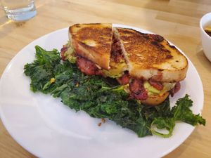 Grilled Cheese special: Berry-cado (balsamic roasted strawberries, creamy avocado and salty melted cheese on crunchy buttery bread) at Spacecat V-stro in Ferndale